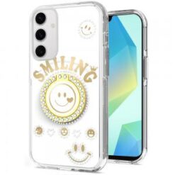 For Samsung A16 5G Smiling Glitter Ornament Bling With Ring Stand Hybrid Case Cover - White