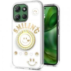 For Motorola Moto G Power 5G 2025 Smiling Glitter Ornament Bling With Ring Stand Hybrid Case Cover -