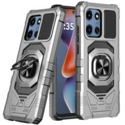 For Motorola Moto G 5G 2025 Robotic Hybrid with Magnetic Ring Stand Case Cover - Silver