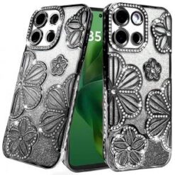 For Motorola Moto G Power 5G 2025 Shimmer Glitter Floral Design Thick TPU Case Cover - Black