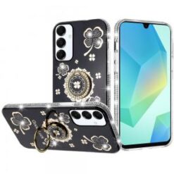 For Samsung A16 5G Splendid Glitter with Diamonds All Around Edges Ring Stand Case Cover - Black
