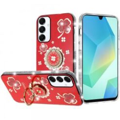 For Samsung A16 5G Splendid Glitter with Diamonds All Around Edges Ring Stand Case Cover - Red