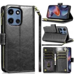 For Motorola Moto G 5G 2025 Luxury Wallet Card ID Zipper Money Holder Case Cover - Black