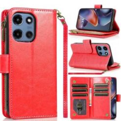 For Motorola Moto G 5G 2025 Luxury Wallet Card ID Zipper Money Holder Case Cover - Red