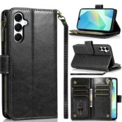 For Samsung A16 5G Luxury Wallet Card ID Zipper Money Holder Case Cover - Black