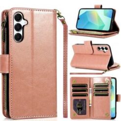 For Samsung A16 5G Luxury Wallet Card ID Zipper Money Holder Case Cover - Rose Gold