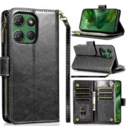 For Motorola Moto G Power 5G 2025 Luxury Wallet Card ID Zipper Money Holder Case Cover - Black