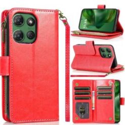 For Motorola Moto G Power 5G 2025 Luxury Wallet Card ID Zipper Money Holder Case Cover - Red