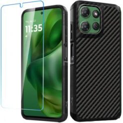 For Motorola Moto G Power 5G 2025 Tough Strong Hybrid Case Cover + Tempered Glass - Carbon Fiber