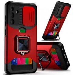 For Samsung A15 5G Multi-Functional Card Magnetic Ring Stand Hybrid Camera Case Cover - Red