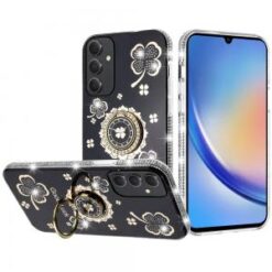 For Samsung A15 5G Splendid Glitter with Diamonds All Around Edges Ring Stand Case Cover - Black