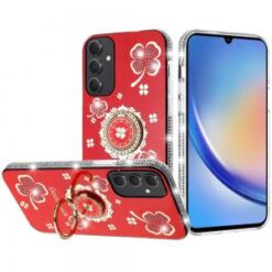 For Samsung A15 5G Splendid Glitter with Diamonds All Around Edges Ring Stand Case Cover - Red