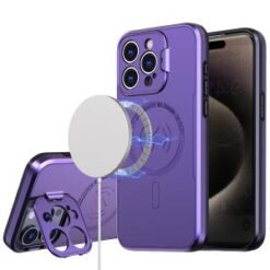 iP15 Pro Max Magnetic Ring Circle Camera Cap KickStand Hybrid UV Paint Matte Finish Case - Purpl
