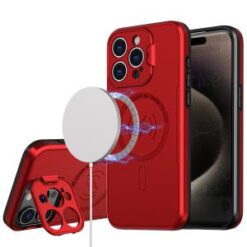 iP15 Pro Max Magnetic Ring Circle Camera Cap KickStand Hybrid UV Paint Matte Finish Case - Red