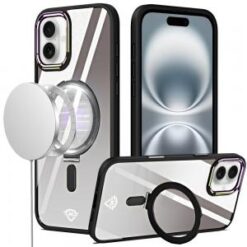iPhone 16 6.1 inch Dazzle [Magnetic Circle] Kickstand Alloy Chrome Transparent Hybrid - Black