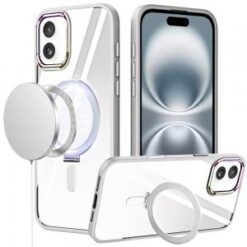 iPhone 16 6.1 inch Dazzle Magnetic Ring Stand Alloy Chrome Transparent Hybrid Case Cover - Clear