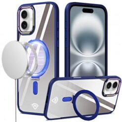iPhone 16 6.1 inch Dazzle [Magnetic Circle] Kickstand Alloy Chrome Transparent Hybrid - Navy Blu