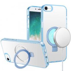 iPhone 16E / SE4 Dotted Edged Line Transparent HQ Magnetic Ring Stand Hybrid - Light Blue