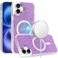 iPhone 16 6.1 inch Epoxy Glitter [Magnetic Circle] ShockProof Hybrid 2.5mm Thick - Hot Pink