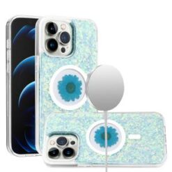 iPhone 15 Pro Magnetic Ring Circle Real Flower Epoxy Glitter Hybrid Case Cover - Light Blue