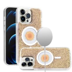 iPhone 15 Pro Magnetic Ring Circle Real Flower Epoxy Glitter Hybrid Case Cover - Gold