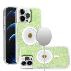 iPhone 15 Pro Magnetic Ring Circle Real Flower Epoxy Glitter Hybrid Case Cover - Green