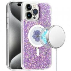 iPhone 15 Pro Magnetic Ring Circle Real Flower Epoxy Glitter Hybrid - Light Purple