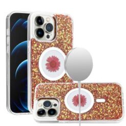 iPhone 15 Pro Magnetic Ring Circle Real Flower Epoxy Glitter Hybrid Case Cover - Red