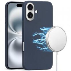 iPhone 16 6.1 inch PU Leather with inner [Magnetic Circle] Colored Metal Buttons - Indigo Blue