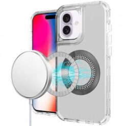 iPhone 16 6.1 inch Magnetic Ring Circle Bling Chrome 3in1 Hybrid Case - Clear