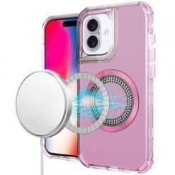 iPhone 16 6.1 inch Magnetic Ring Circle Bling Chrome 3in1 Hybrid Case - Pink