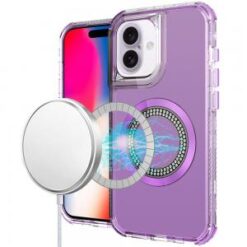 iPhone 16 6.1 inch Magnetic Ring Circle Bling Chrome 3in1 Hybrid Case - Purple