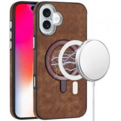 iPhone 16 6.1 inch Fashion PU Vegan Chrome Edged Case Cover - Brown