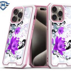 iPhone 15 Pro METKASE Premium RANK Design Fused Hybrid in Slide-Out Package - Rose Pink Floral