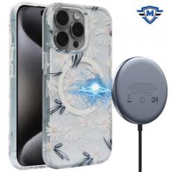 iPhone 15 Pro METKASE Floral Design [Magnetic Circle] Transparent Hybrid - White Daisy Pattern