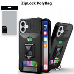 [PolyBag]  iPhone 16 6.1 inch Multi-Functional Card Magnetic Ring Stand Hybrid Camera - Black
