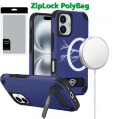 [PolyBag]  iPhone 16 6.1 inch Magnetic Heavy Duty Hybrid Case with Side Kick-Stand - Dark Blue