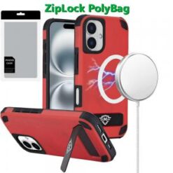 [PolyBag]  iPhone 16 6.1 inch Magnetic Heavy Duty Hybrid Case with Side Kick-Stand - Red