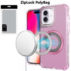 [PolyBag]  iPhone 16 6.1 inch Magnetic Ring Circle Bling Chrome 3in1 Hybrid Case - Pink