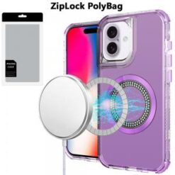 [PolyBag]  iPhone 16 6.1 inch Magnetic Ring Circle Bling Chrome 3in1 Hybrid Case - Purple