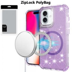 [PolyBag]  iPhone 16 6.1 inch Magnetic Ring Glitter 3in1 Hybrid Case Cover - Purple