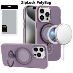[PolyBag]  iP15 Pro Max Hoop Kickstand [Magnetic Circle] HD Transparent Chrome Hybrid - Purple
