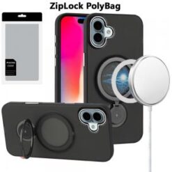 [PolyBag]  iPhone 16 6.1 inch Hoop Kickstand [Magnetic Circle] HD Transparent Chrome Hybrid - Bla