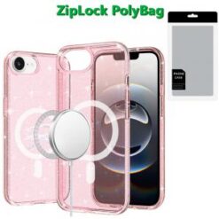 [PolyBag]  iPhone 16E / SE4 Glitter Ultra [Magnetic Circle] Thick 3mm Transparent Hybrid - Pink