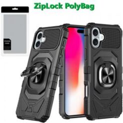[PolyBag]  iPhone 16 6.1 inch Robotic Hybrid with Magnetic Ring Stand - Black