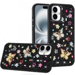 iPhone 16 6.1 inch Butterfly Ornaments Diamond Bling Glitter Hybrid Case - Black