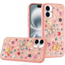 iPhone 16 6.1 inch Butterfly Ornaments Diamond Bling Glitter Hybrid Case - Light Pink