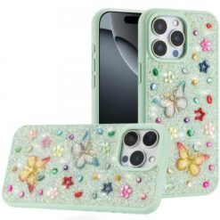 iPhone 16 6.1 inch Butterfly Ornaments Diamond Bling Glitter Hybrid Case - Teal