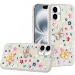 iPhone 16 6.1 inch Butterfly Ornaments Diamond Bling Glitter Hybrid Case - White