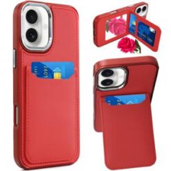 iPhone 16 6.1 inch Card Holder with Mirror Inside PU Leather Hybrid Case - Red